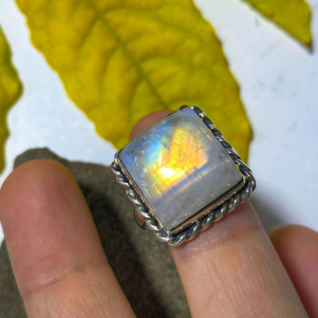 Incredible Golden Flashes~Rainbow Moonstone Sterling Silver Ring (Size 8) - Earth Family Crystals