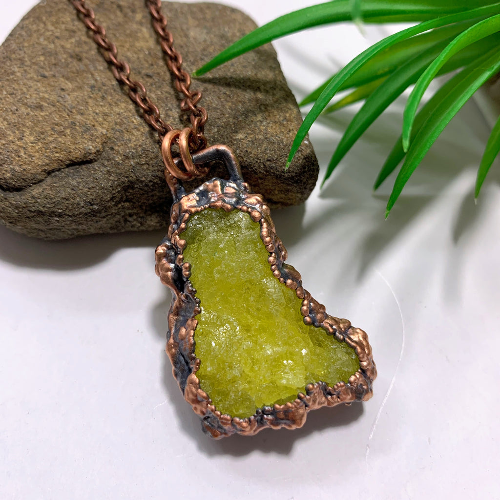 Handmade Vibrant Yellow Brucite Antiqued Copper Necklace (24 inch chain) - Earth Family Crystals