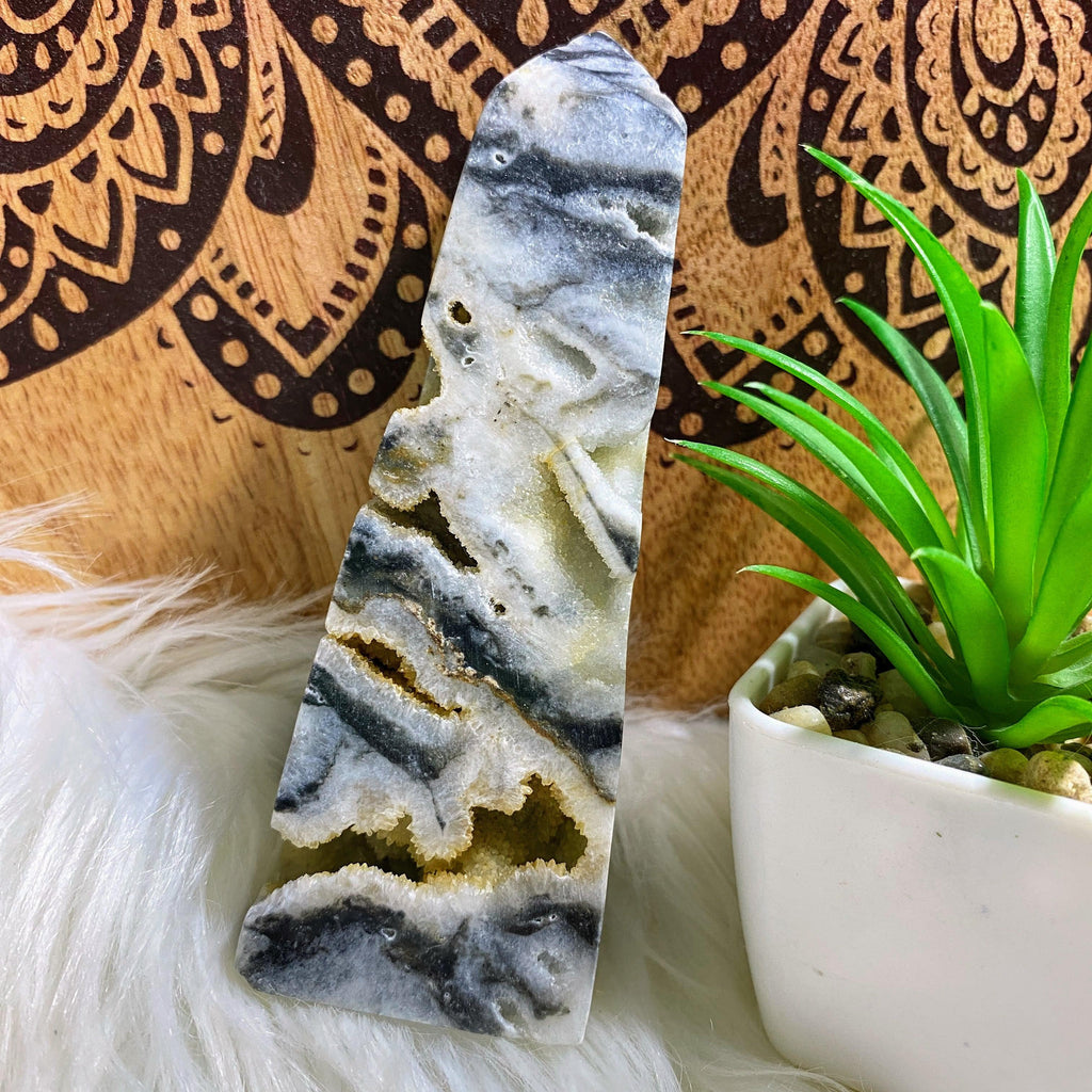 Lovely Medium Druzy Cave Geode Zebra Agate Standing Obelisk Carving - Earth Family Crystals
