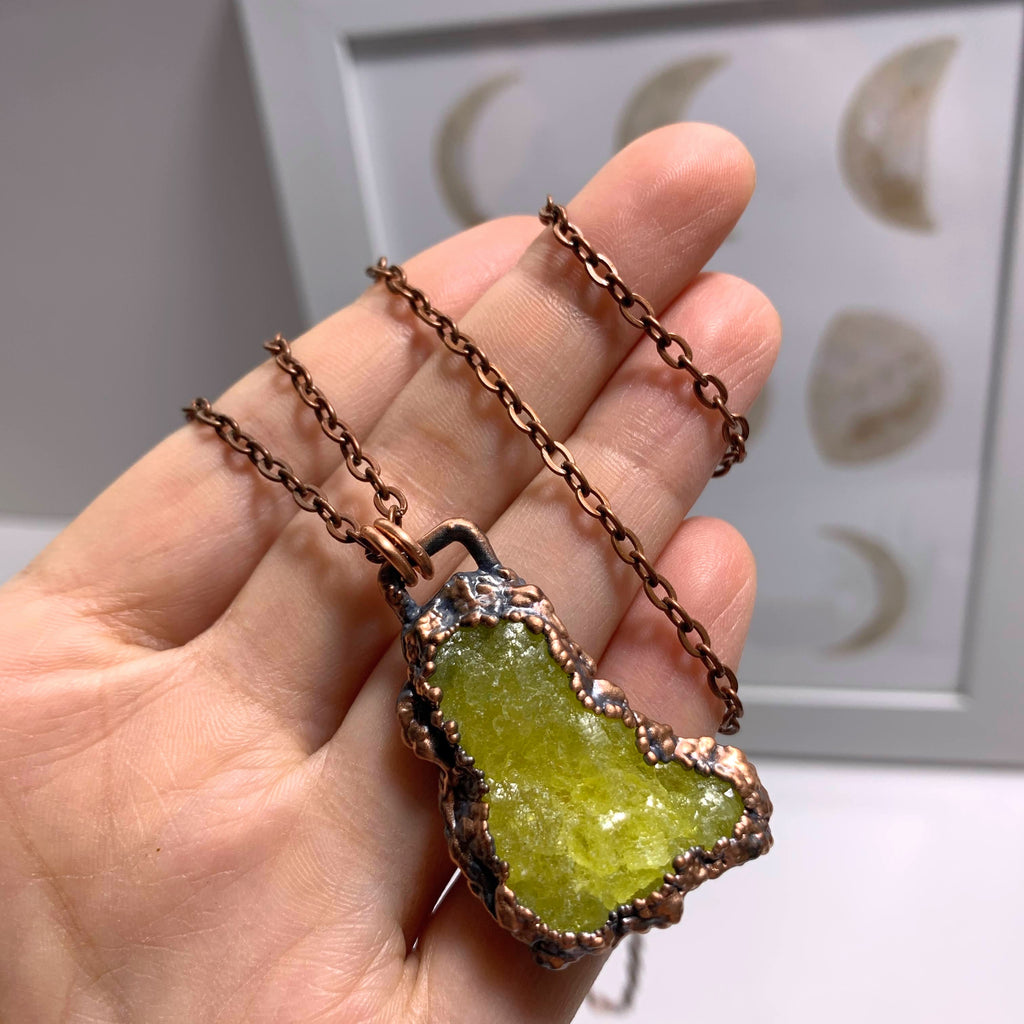 Handmade Vibrant Yellow Brucite Antiqued Copper Necklace (24 inch chain) - Earth Family Crystals