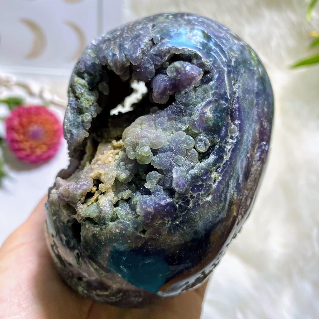 Fascinating Grape Agate 1.3kg Jumbo Geode Skull Partially Polished Display Specimen - Earth Family Crystals
