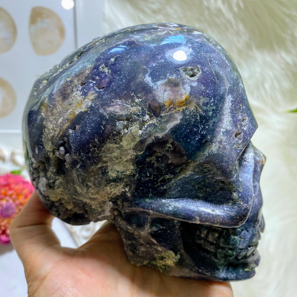 Fascinating Grape Agate 1.3kg Jumbo Geode Skull Partially Polished Display Specimen - Earth Family Crystals