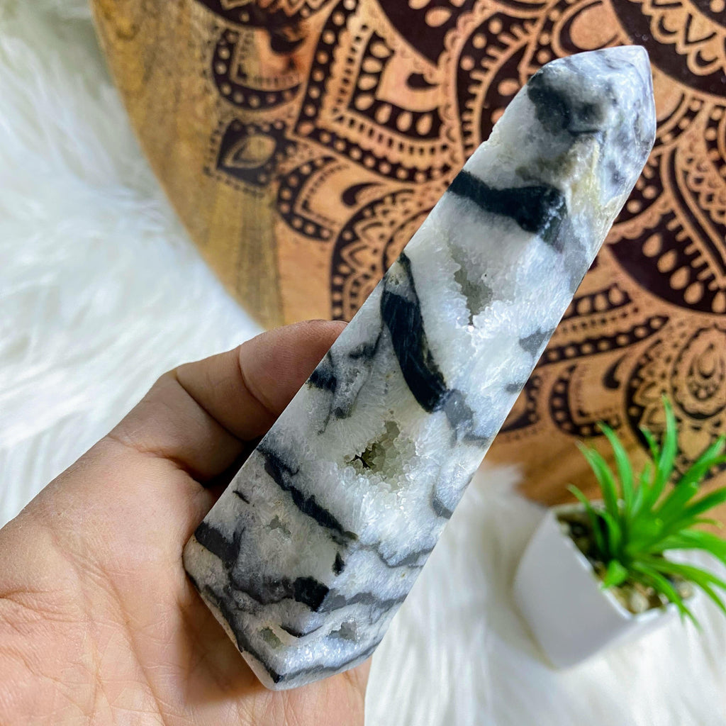 Gorgeous Druzy Cave Geode Zebra Agate Standing Obelisk Carving - Earth Family Crystals