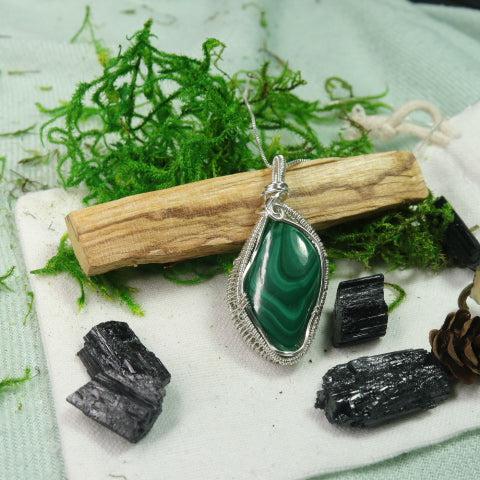 Malachite Pendant~ Wire Wrapped by Hand~ Includes Silver Chain - Earth Family Crystals