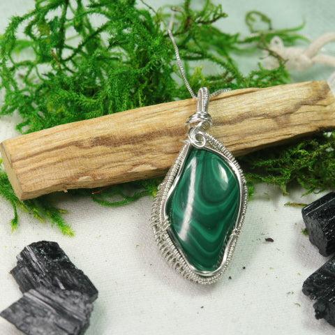 Malachite Pendant~ Wire Wrapped by Hand~ Includes Silver Chain - Earth Family Crystals
