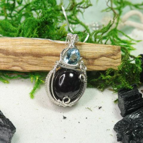 Beautiful Star Garnet and Blue Topaz Wire Wrapped Pendant~ Made by Hand~ Includes Silver Chain - Earth Family Crystals