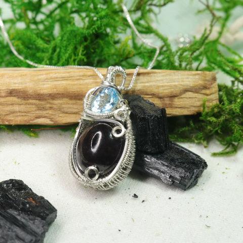 Beautiful Star Garnet and Blue Topaz Wire Wrapped Pendant~ Made by Hand~ Includes Silver Chain - Earth Family Crystals