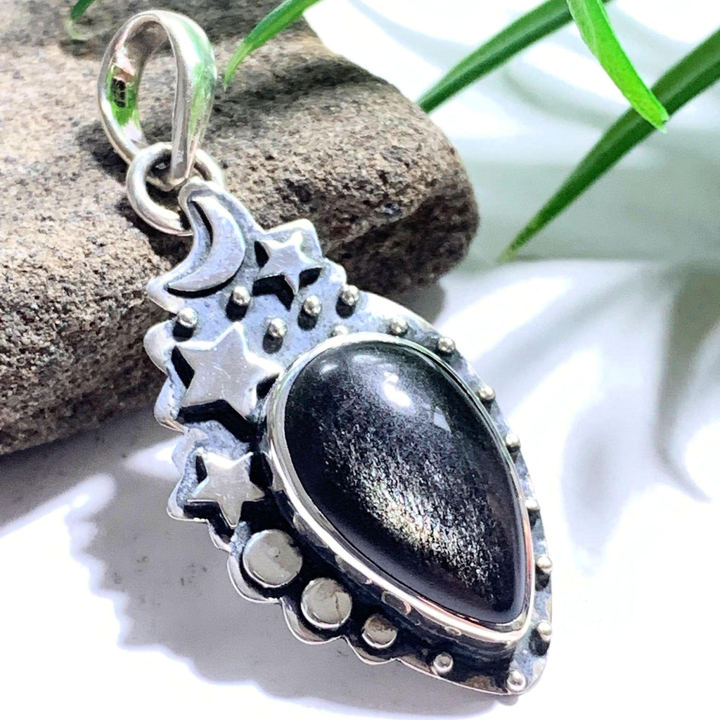 Moon & Stars Golden Sheen Obsidian Gemstone Pendant in Oxidized Sterling Silver (Includes Silver Chain) #3 - Earth Family Crystals