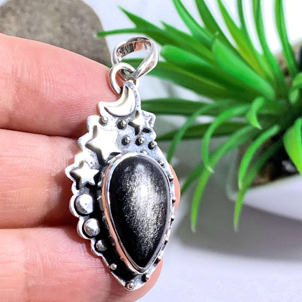 Moon & Stars Golden Sheen Obsidian Gemstone Pendant in Oxidized Sterling Silver (Includes Silver Chain) #3 - Earth Family Crystals