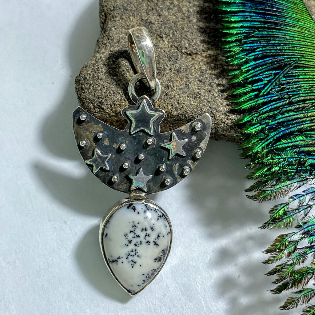 Dendritic Agate Moon & Stars Sterling Silver Pendant (Includes Silver Chain) - Earth Family Crystals