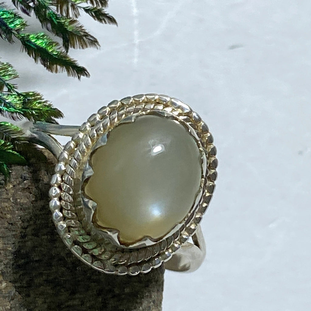 Pearl Moonstone Gemstone Ring in Sterling Silver (Size 12 ) - Earth Family Crystals