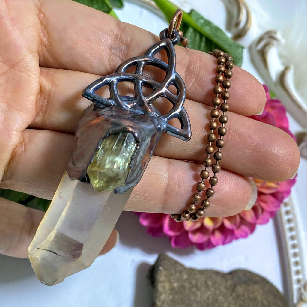 Ooak Clear Quartz Point & Golden Apatite Triquetra Electroformed Copper Handmade Necklace (23" Chain) - Earth Family Crystals