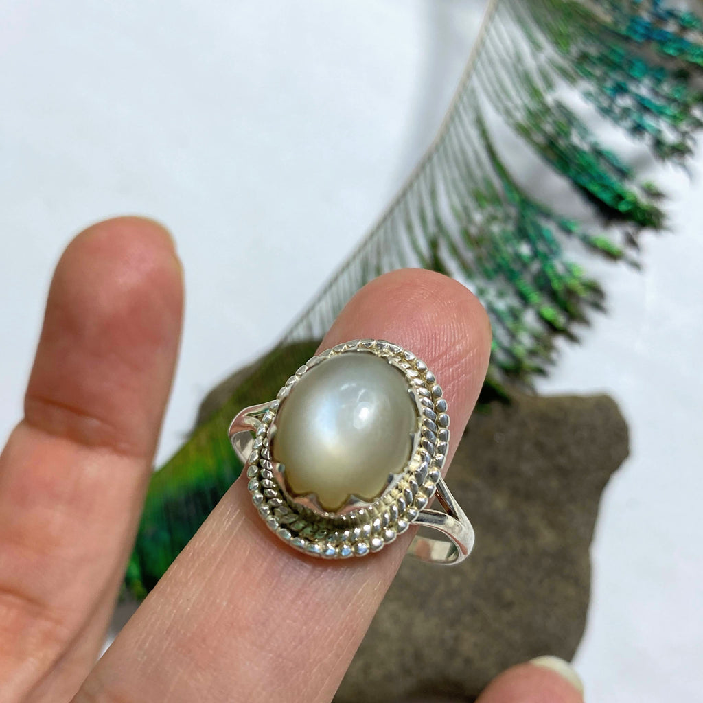 Pearl Moonstone Gemstone Ring in Sterling Silver (Size 12 ) - Earth Family Crystals