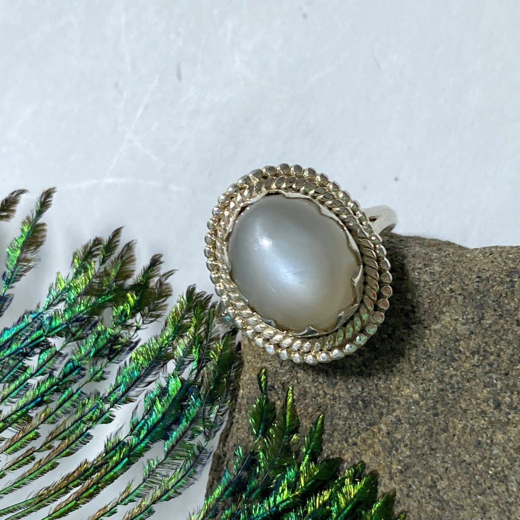 Pretty Pearl Moonstone Gemstone Ring in Sterling Silver (Size 8 ) - Earth Family Crystals