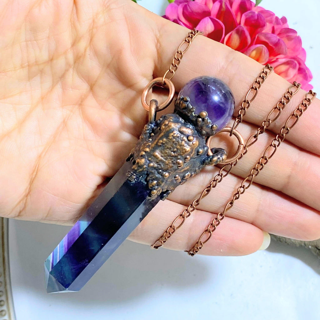 Ooak Rainbow Fluorite & Amethyst Chunky & Long Electroformed Copper Handmade Necklace (24" Chain) - Earth Family Crystals
