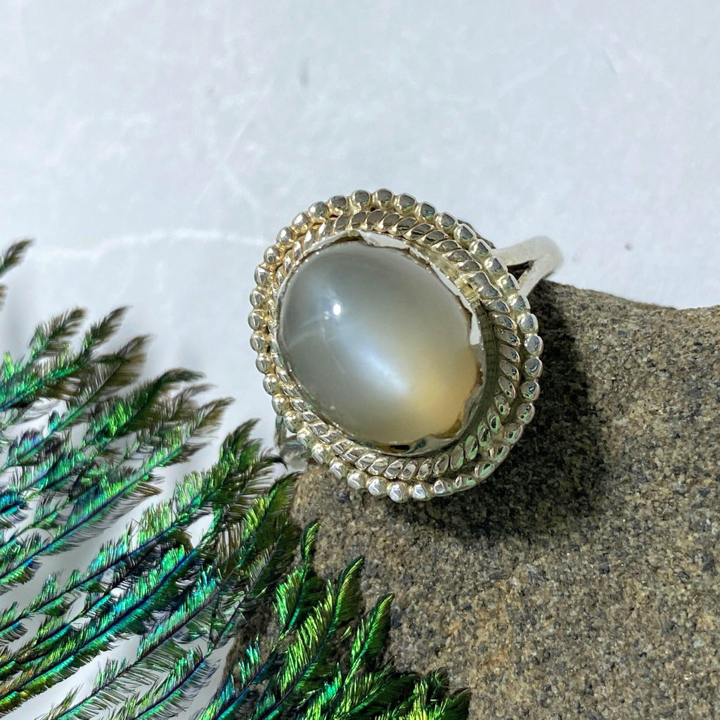 Pearl Moonstone Gemstone Ring in Sterling Silver (Size 8 ) - Earth Family Crystals