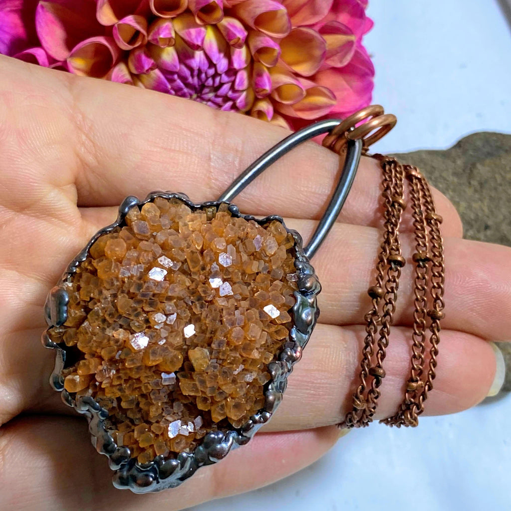 Ooak Natural Orange Star Aragonite Chunky Electroformed Copper Handmade Necklace (24" Chain) - Earth Family Crystals