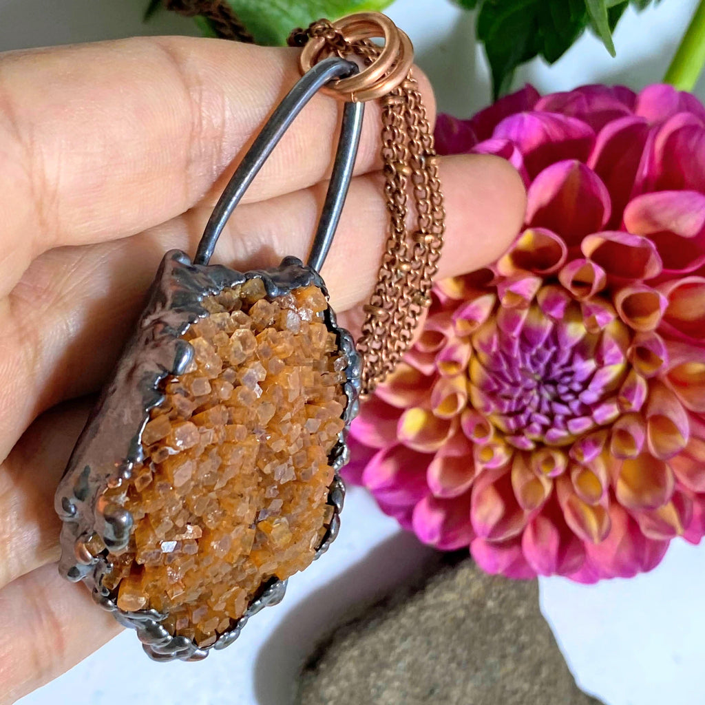 Ooak Natural Orange Star Aragonite Chunky Electroformed Copper Handmade Necklace (24" Chain) - Earth Family Crystals