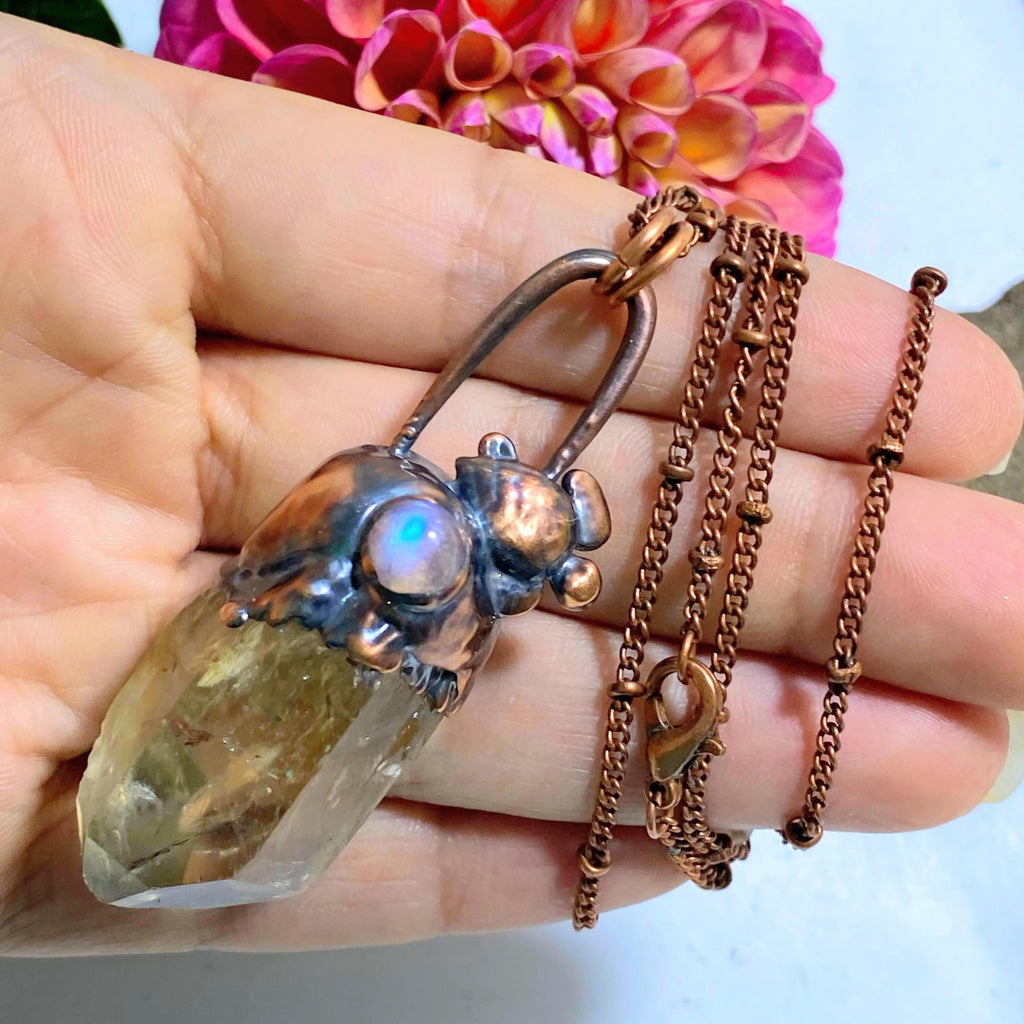 Ooak Natural Citrine Quartz & Moonstone, Turtle Electroformed Copper Handmade Necklace (24" chain) - Earth Family Crystals