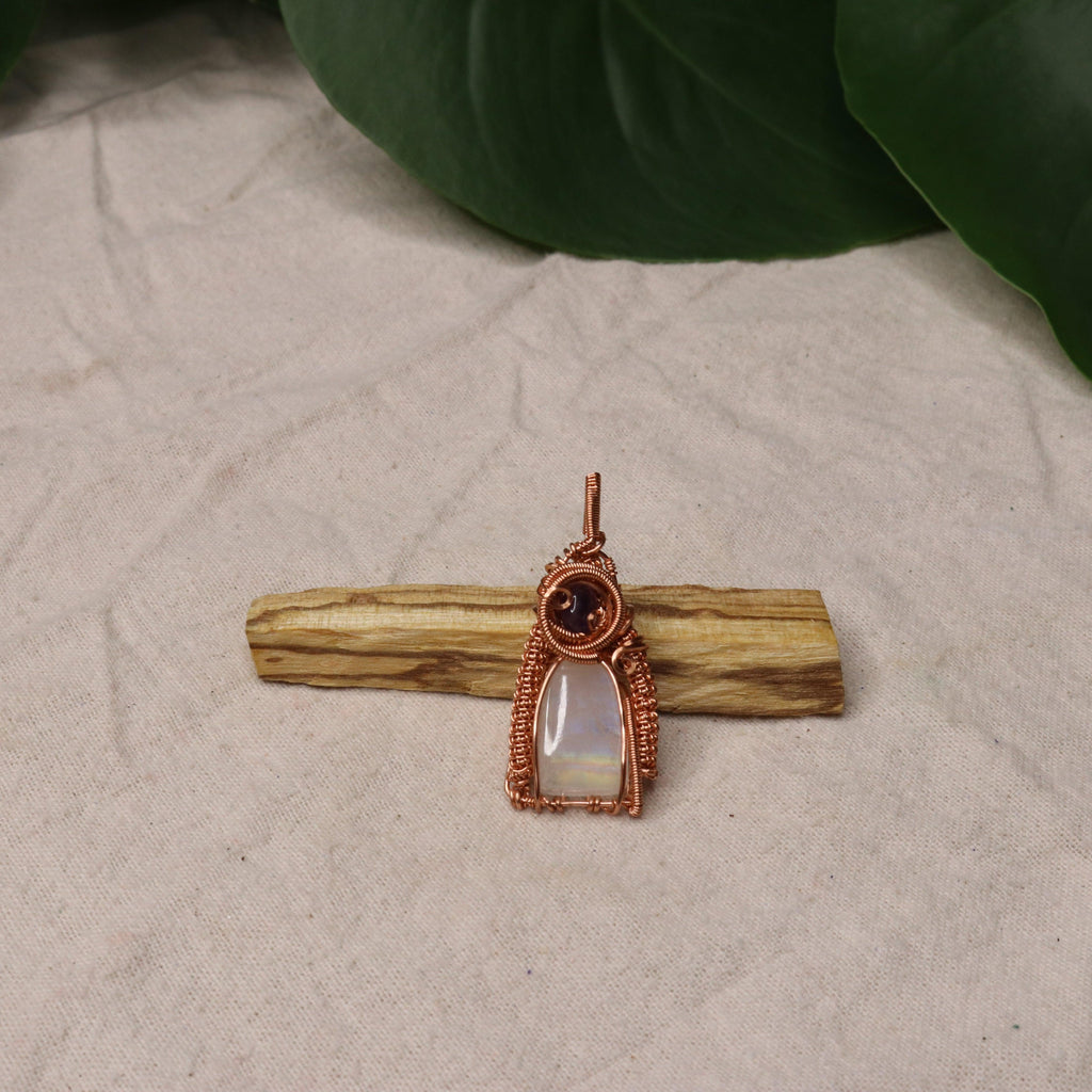 Moonstone with Beautiful Rainbow ~ Copper Wrapped Pendant with Amethyst Accent ~ Includes necklace cord - Earth Family Crystals