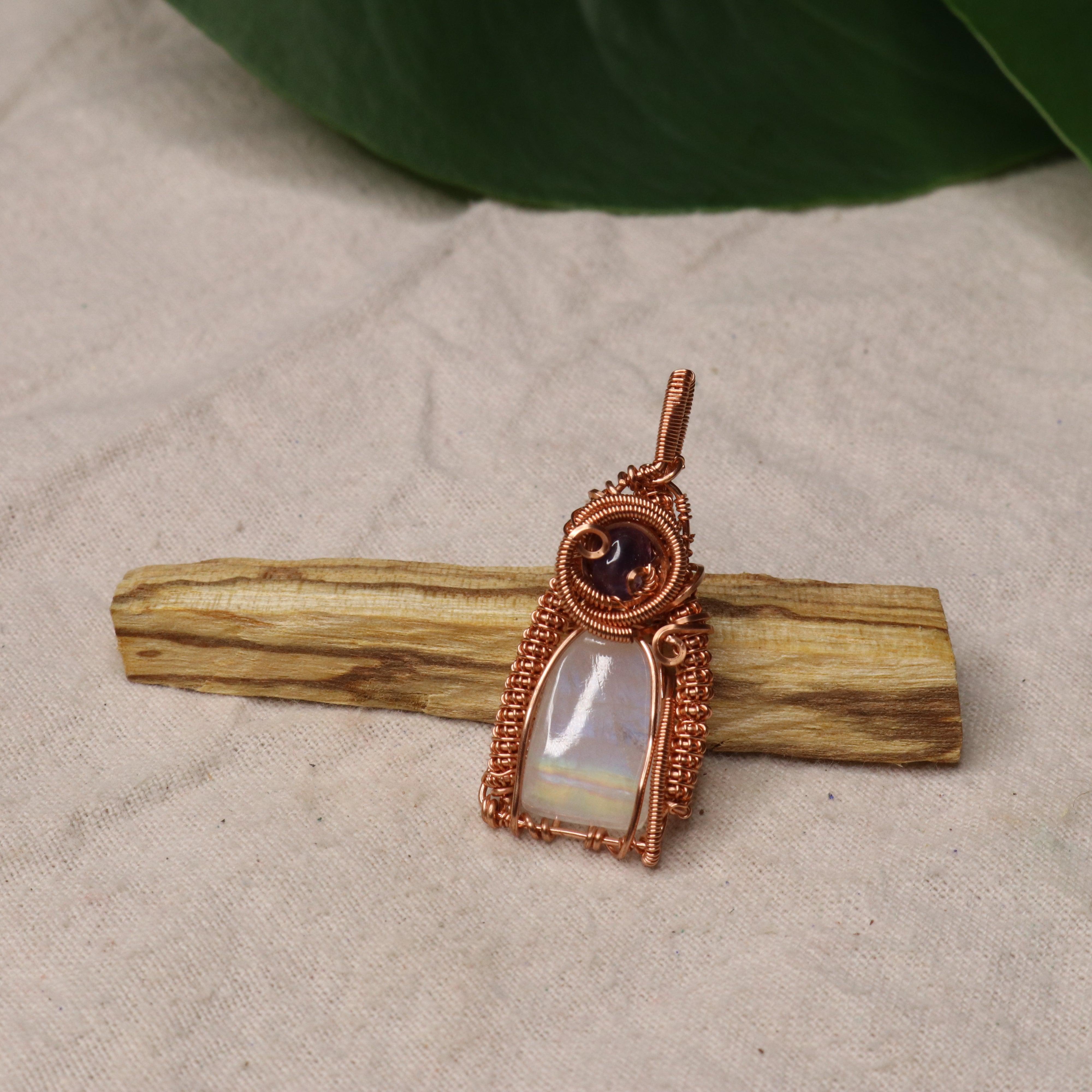 Moonstone with Beautiful Rainbow ~ Copper Wrapped Pendant with Amethyst Accent ~ Includes necklace cord - Earth Family Crystals