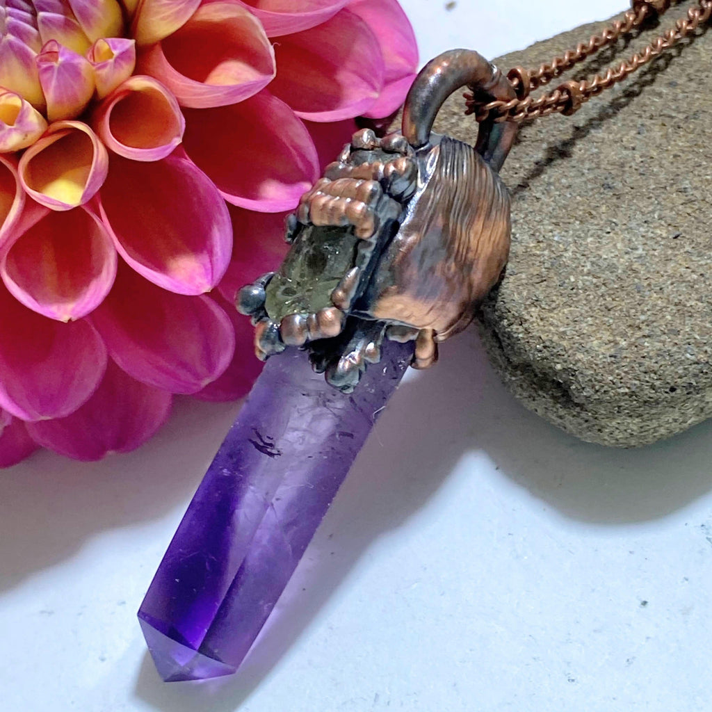 Ooak Amethyst, Golden Apatite & Peridot Electroformed Copper Handmade Necklace (24" chain) - Earth Family Crystals