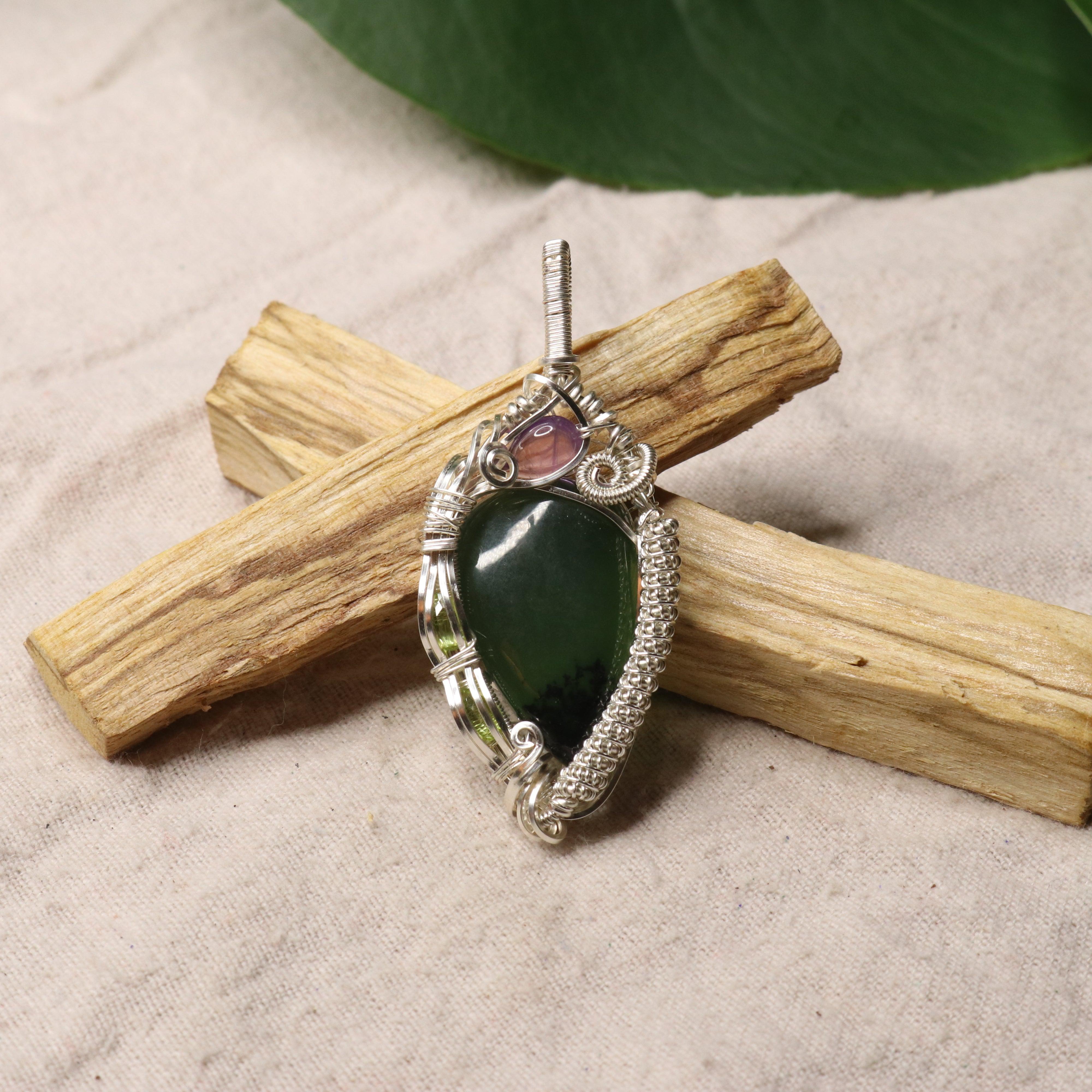 Wire Wrapped Serpentine Pendant with Amethyst and Peridot Accents ~ Includes Silver Chain - Earth Family Crystals