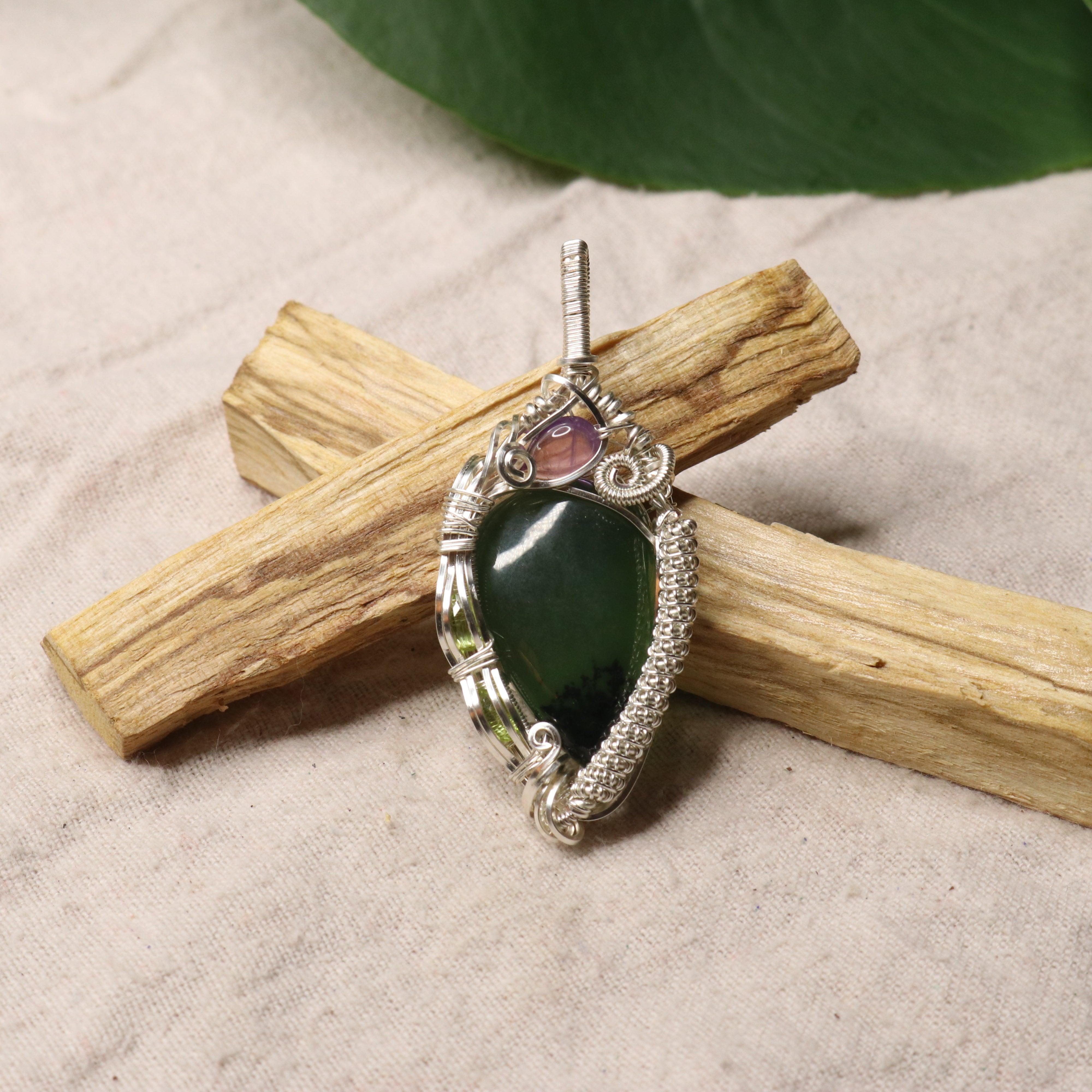 Wire Wrapped Serpentine Pendant with Amethyst and Peridot Accents ~ Includes Silver Chain - Earth Family Crystals