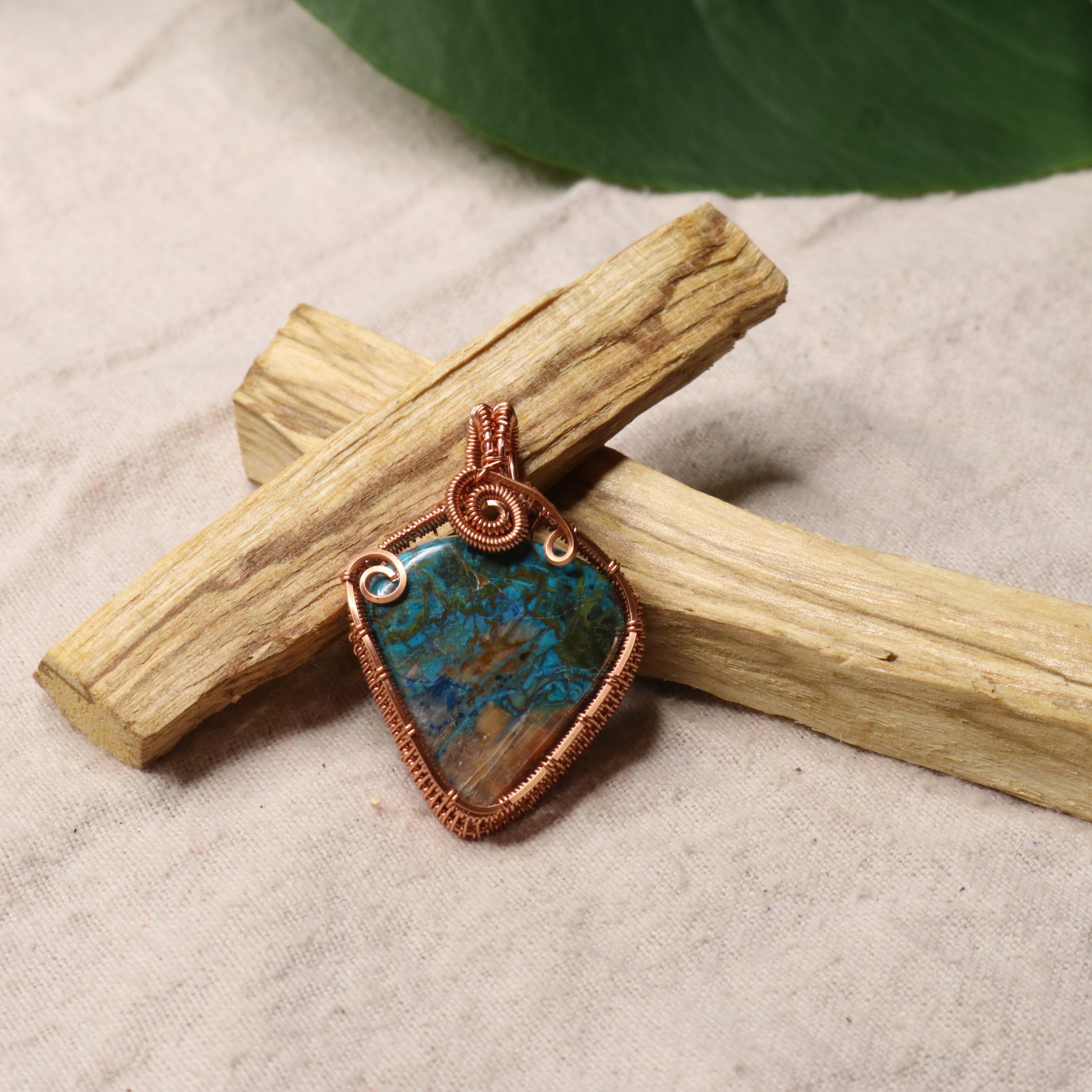 Copper Wrapped Chrysocolla Pendant ~ Includes Necklace Cord - Earth Family Crystals