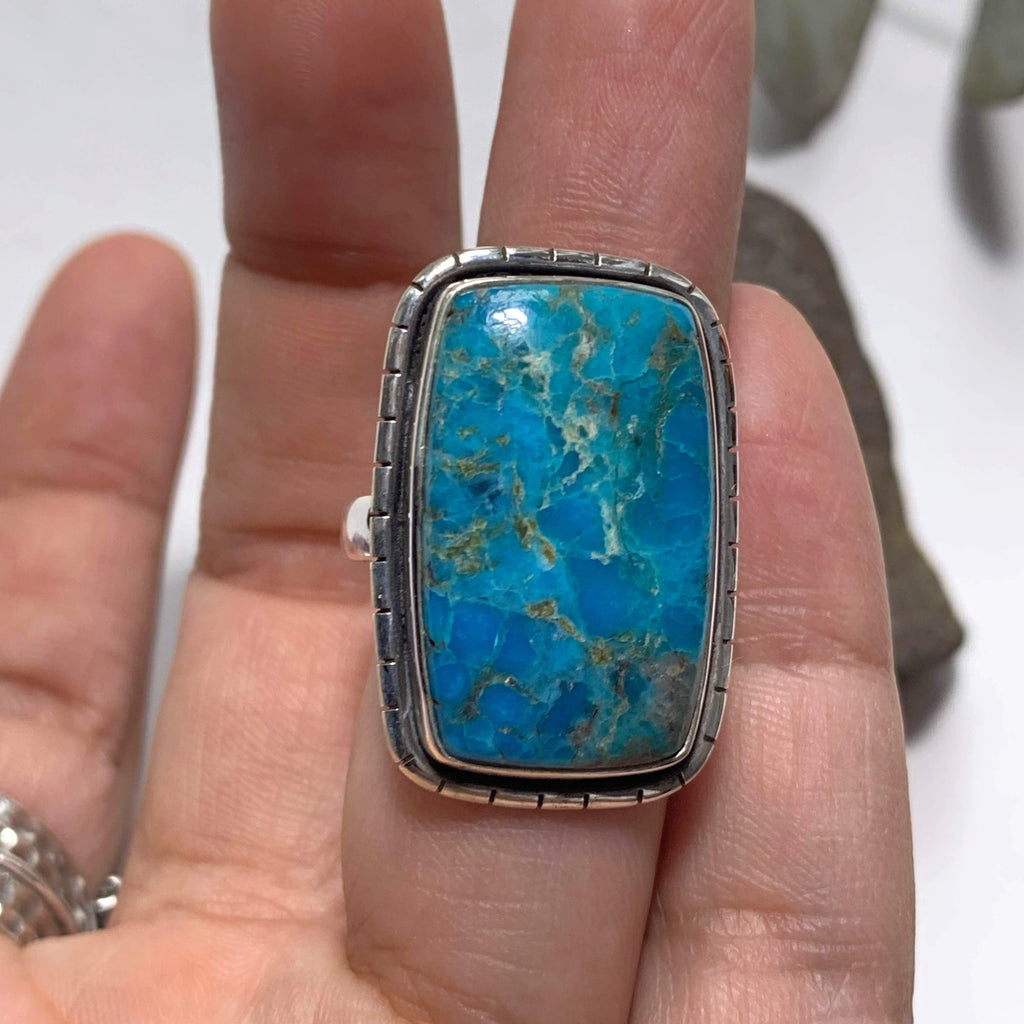 Vibrant Blue Genuine Arizona Turquoise Sterling Silver Ring (Size: 8.5 ) - Earth Family Crystals