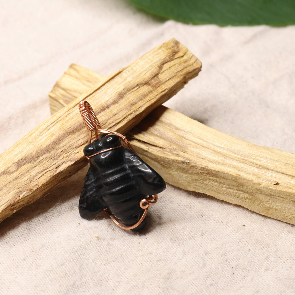 Obsidian Bee Carving Copper Wire Wrapped Pendant ~ Includes Necklace Cord - Earth Family Crystals