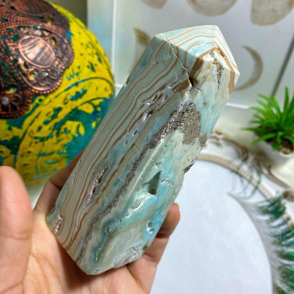 Big Chunky Blue Aragonite Partially Polished Standing Display Tower - Earth Family Crystals