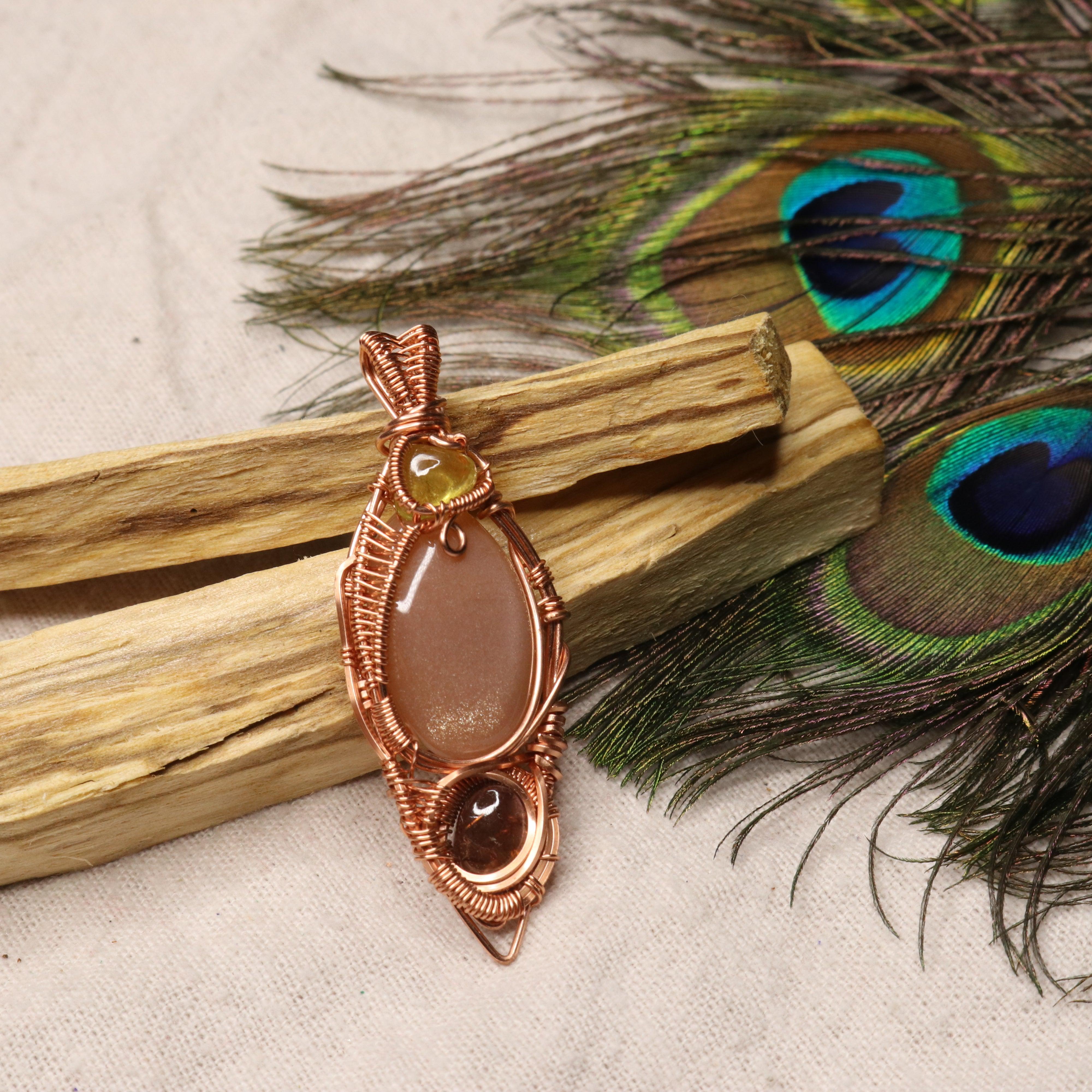 Stunning Peach Moonstone Pendant with Yellow and Pink Tourmaline Accents ~ Wire Wrapped~ Includes Copper Chain - Earth Family Crystals