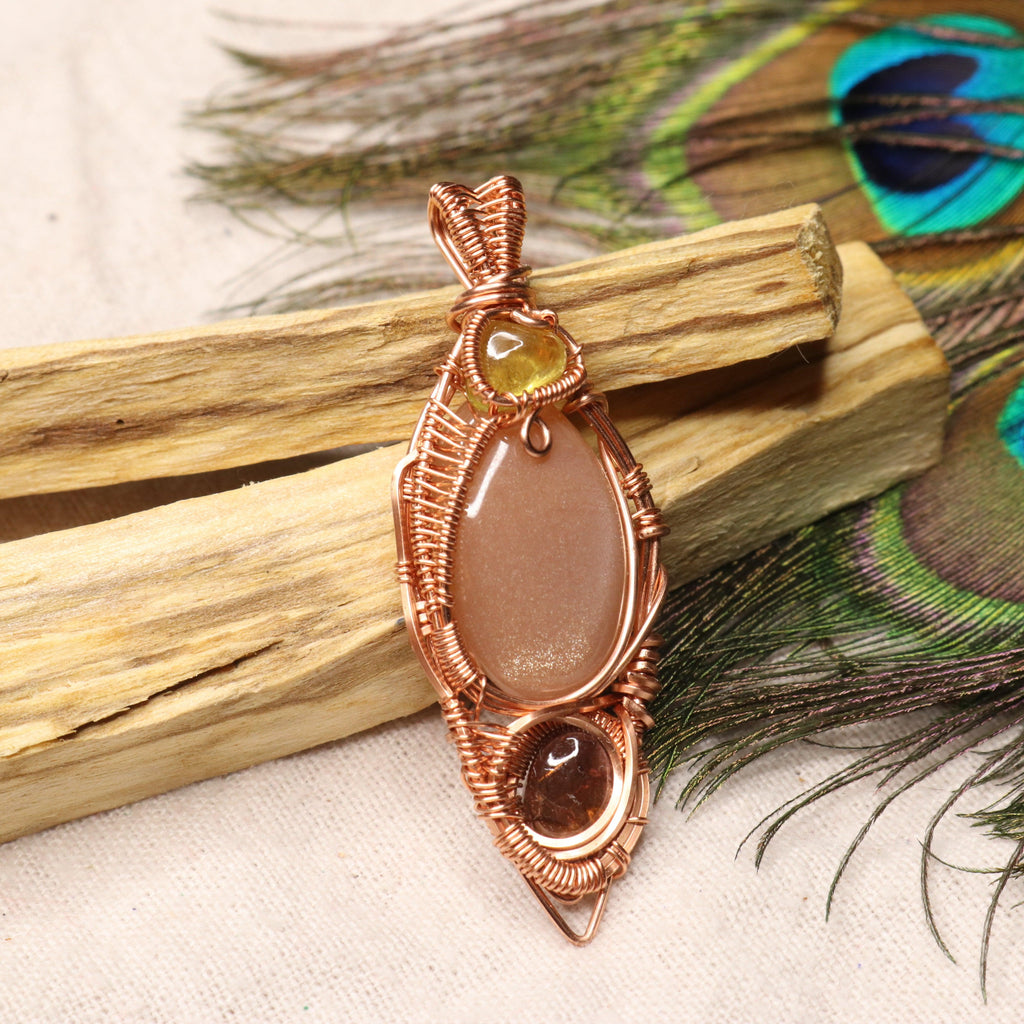 Stunning Peach Moonstone Pendant with Yellow and Pink Tourmaline Accents ~ Wire Wrapped~ Includes Copper Chain - Earth Family Crystals
