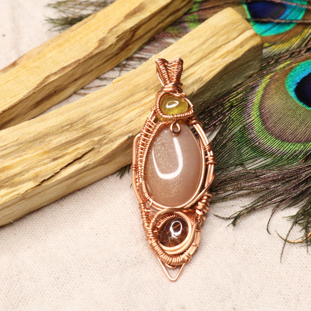 Stunning Peach Moonstone Pendant with Yellow and Pink Tourmaline Accents ~ Wire Wrapped~ Includes Copper Chain - Earth Family Crystals