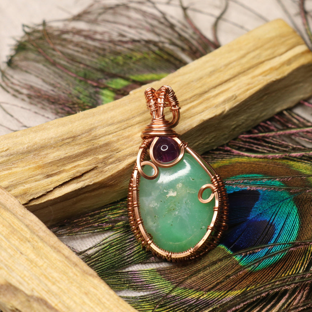 Green Chrysoprase Copper Wrapped Pendant with Amethyst Accents ~ One of a Kind - Earth Family Crystals