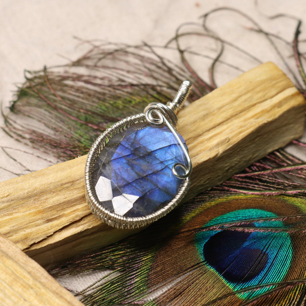 Gorgeous Flashy Blue Faceted Labradorite Pendant ~ Wire Wrapped by Hand ~ Includes Silver Chain - Earth Family Crystals
