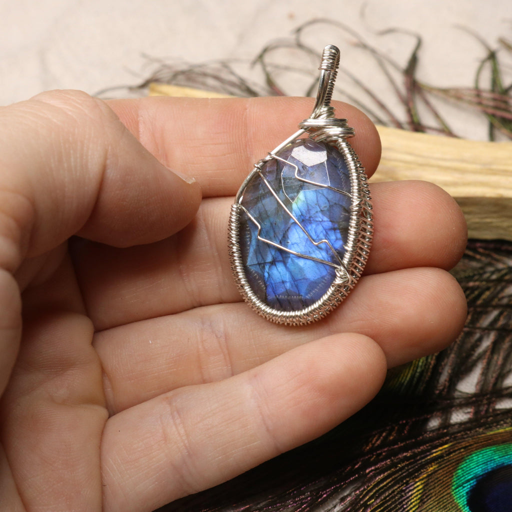 Gorgeous Flashy Blue Faceted Labradorite Pendant ~ Wire Wrapped by Hand ~ Includes Silver Chain - Earth Family Crystals