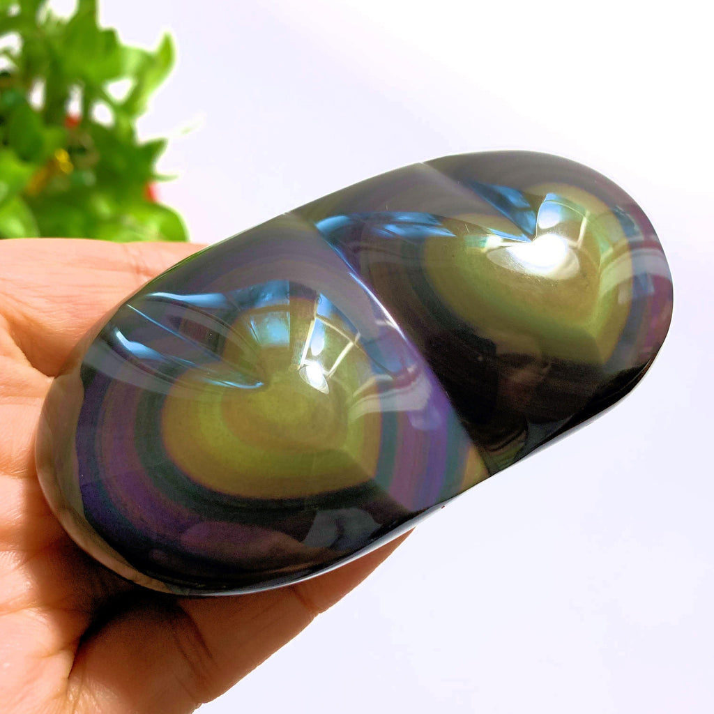 Double Heart Rainbow Obsidian Display Carving From Mexico - Earth Family Crystals