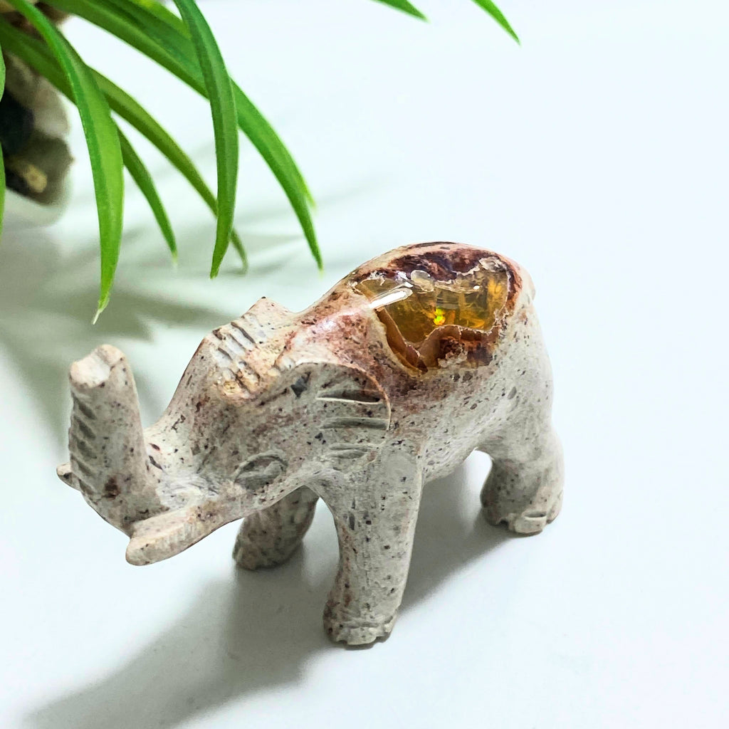 Delightful Flashes Mexican Fire Opal Elephant Carving - Earth Family Crystals