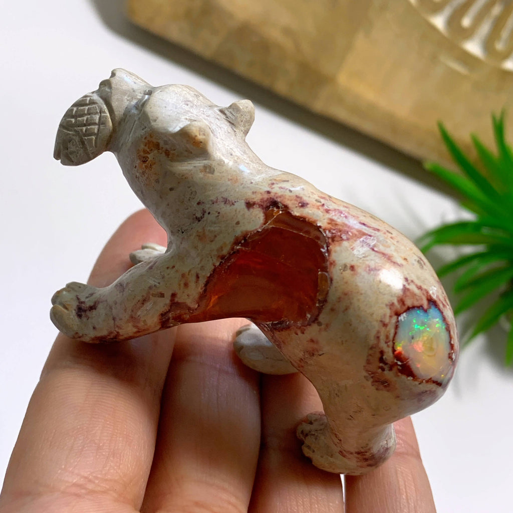 Incredible Flashes! Large Mexican Fire Opal Bear & Fish Display Carving - Earth Family Crystals
