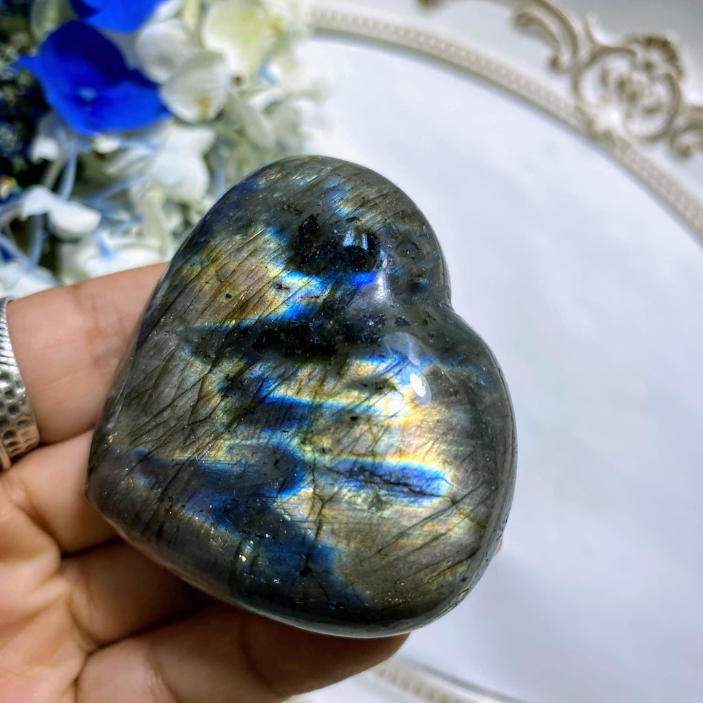 Rare Salmon Pink Flashes Labradorite Heart Carving - Earth Family Crystals