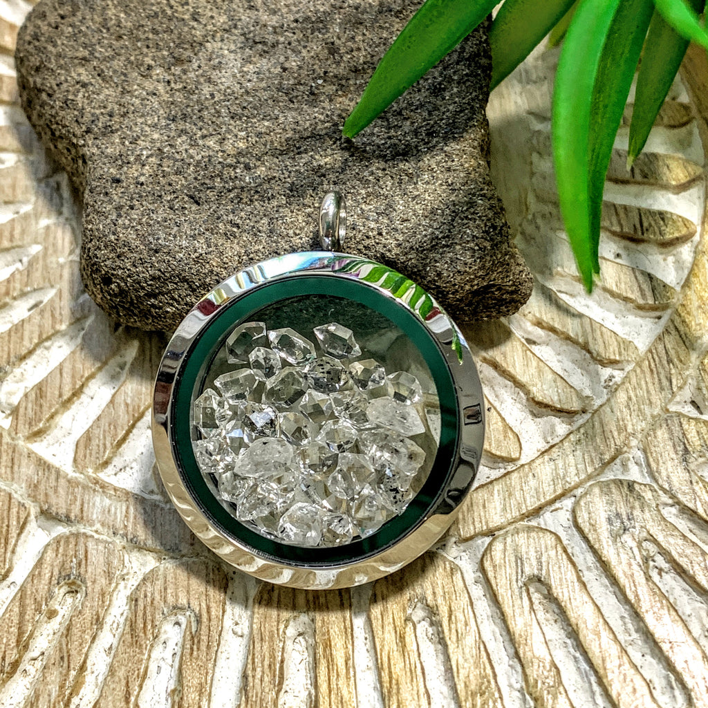 Herkimer Diamonds Floating in Stainless Steel Locket Style Pendant (Includes Silver Chain) - Earth Family Crystals