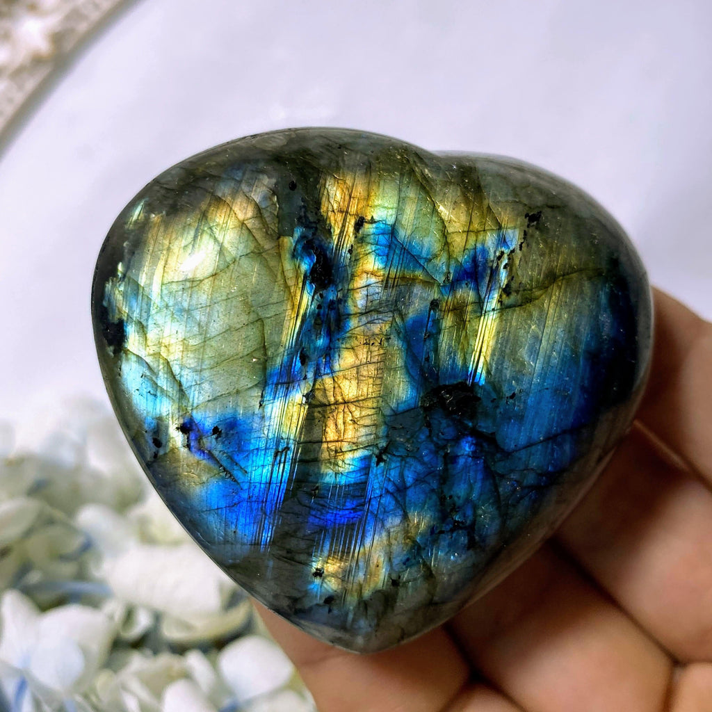 Sea Foam Green, Blue & Golden Flashes Labradorite Heart Carving - Earth Family Crystals