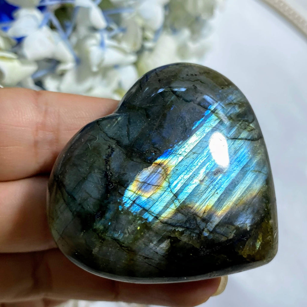 Ribbons of Flash Labradorite Hand Held Heart Carving - Earth Family Crystals
