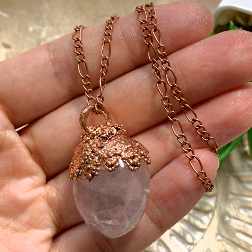 Handmade Rose Quartz Copper Necklace (24 inch chain) - Earth Family Crystals