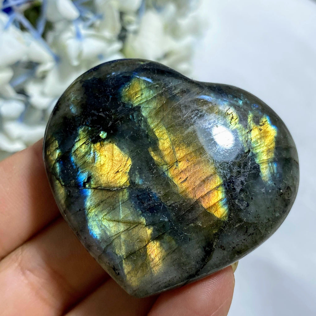 Salmon Pink & Golden Flash Labradorite Hand Held Heart Carving - Earth Family Crystals