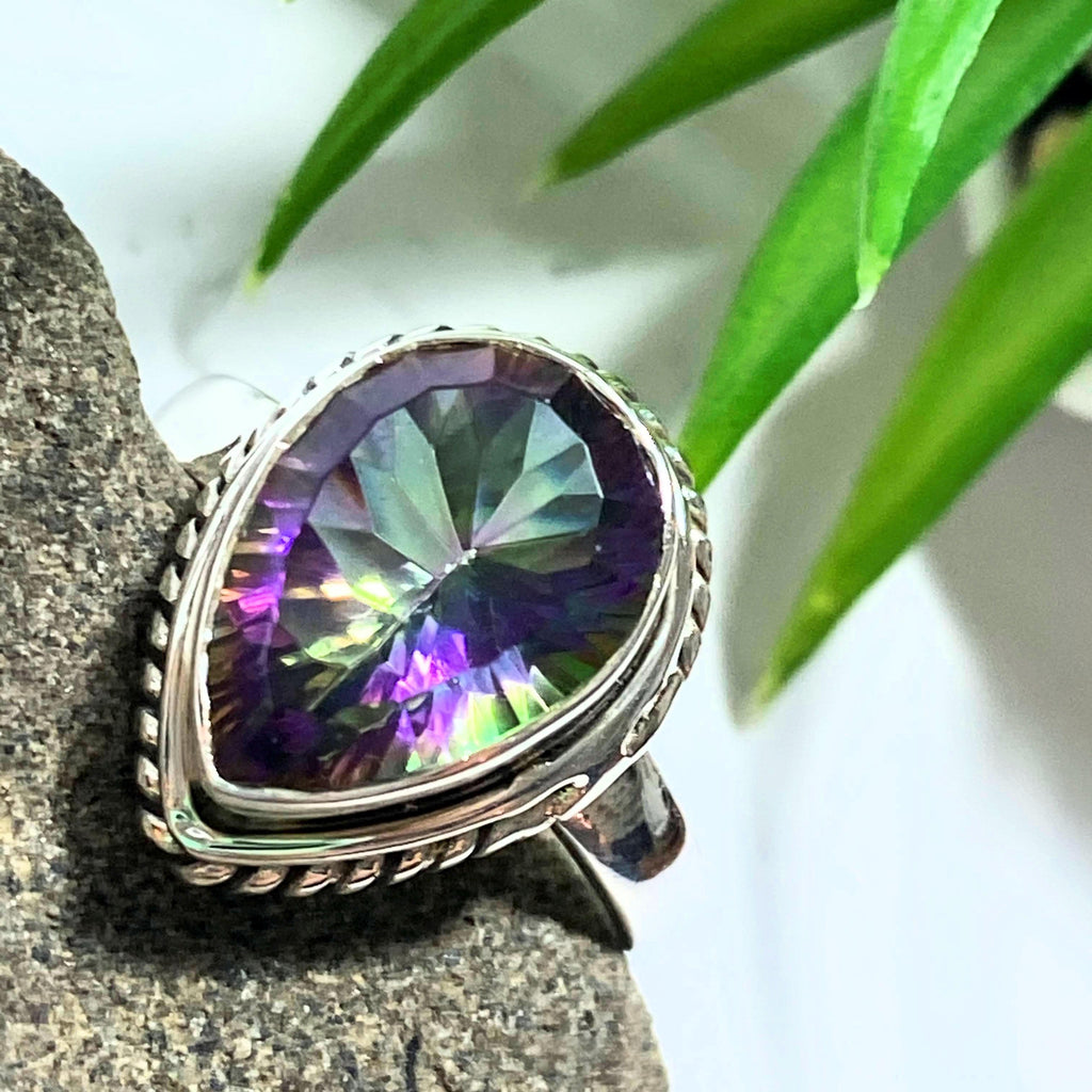 Faceted Teardrop Mystic Topaz Sterling Silver Ring (Size 9.5) - Earth Family Crystals