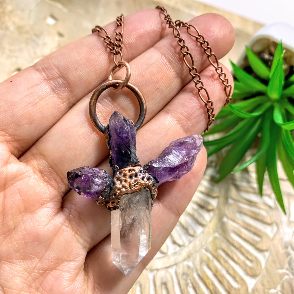 Handmade Raw Amethyst & Clear Quartz Copper Necklace (24 inch chain) - Earth Family Crystals