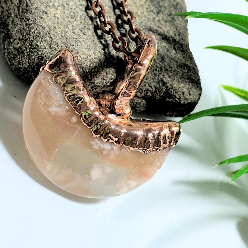 Flower Agate Crescent Moon Handmade Copper Necklace (24 inch chain) - Earth Family Crystals